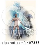 Poster, Art Print Of 3d Man With Visible Muscles Over Dna Strands