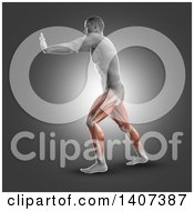 Clipart Of A 3d Anatomical Man In A Standing Gastroc Nemius Stretch With Visible Leg Muscles On Gray Royalty Free Illustration