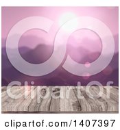 Poster, Art Print Of Blurred Purple Sunset Over Mountains With A 3d Wood Table In Focus