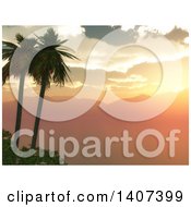Clipart Of A 3d Landscape Of Plam Trees And Hills At Sunset Royalty Free Illustration