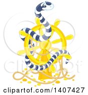Black And White Striped Sea Snake On A Sunken Ship Helm