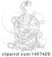 Poster, Art Print Of Black And White Lineart Striped Sea Snake On A Sunken Ship Helm