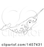 Black And White Lineart Happy Narwhal Swimming