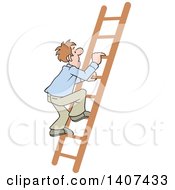 Clipart Of A Cartoon Caucasian Business Man Climbing Up A Ladder Royalty Free Vector Illustration