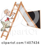 Poster, Art Print Of Cartoon Caucasian Business Man Climbing Up The Corporate Ladder