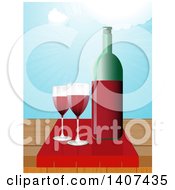 Bottle And Glasses Of Red Wine On A Wood Table Against Sky With Sun Rays