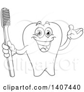 Poster, Art Print Of Black And White Lineart Tooth Character Presenting And Holding A Toothbrush