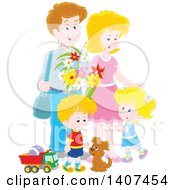 Poster, Art Print Of Happy White Family Of Four With A Puppy And Toys