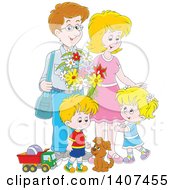 Poster, Art Print Of Happy Caucasian Family Of Four With A Puppy And Toys