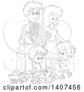 Poster, Art Print Of Black And White Lineart Happy Family Of Four With A Puppy And Toys
