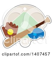 Softball In A Glove Cap And Bat Over A Diamond