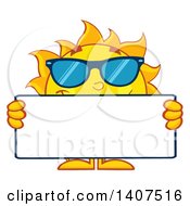 Poster, Art Print Of Yellow Summer Time Sun Character Mascot Wearing Shades And Holding A Blank Sign