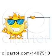 Poster, Art Print Of Yellow Summer Time Sun Character Mascot Wearing Shades And Pointing To A Blank Sign