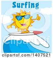 Poster, Art Print Of Yellow Summer Time Sun Character Mascot Wearing Shades Giving A Thumb Up And Surfing Under Text