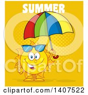 Poster, Art Print Of Yellow Summer Time Sun Character Mascot Holding An Umbrella On Yellow