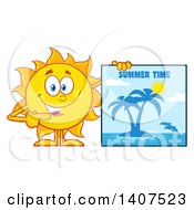 Clipart Of A Yellow Summer Time Sun Character Mascot Pointing To A Tropical Island Sign Royalty Free Vector Illustration