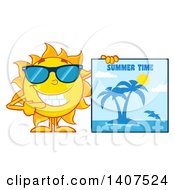 Poster, Art Print Of Yellow Summer Time Sun Character Mascot Pointing To A Tropical Island Sign