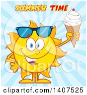 Poster, Art Print Of Yellow Summer Time Sun Character Mascot Holding A Waffle Ice Cream Cone Over Blue Rays