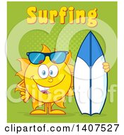 Poster, Art Print Of Yellow Summer Time Sun Character Mascot Standing With A Surfboard With Text On Green