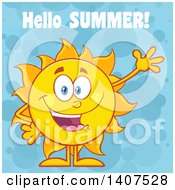 Poster, Art Print Of Yellow Summer Time Sun Character Mascot Waving With Hellow Summer Text On A Blue Bubble Background