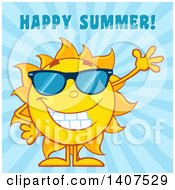 Poster, Art Print Of Yellow Summer Time Sun Character Mascot Wearing Sunglasses And Waving With Happy Summer Text On A Blue Ray Background
