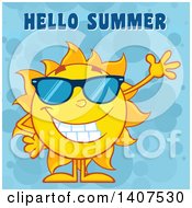 Poster, Art Print Of Yellow Summer Time Sun Character Mascot Waving Under Hello Summer Text On A Blue Bubble Background