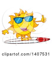 Poster, Art Print Of Yellow Summer Time Sun Character Mascot Wearing Shades Giving A Thumb Up And Surfing