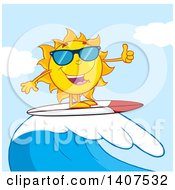 Clipart Of A Yellow Summer Time Sun Character Mascot Wearing Shades Giving A Thumb Up And Surfing Royalty Free Vector Illustration