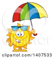 Yellow Summer Time Sun Character Mascot Holding An Umbrella