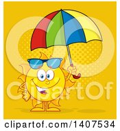 Poster, Art Print Of Yellow Summer Time Sun Character Mascot Holding An Umbrella On Yellow