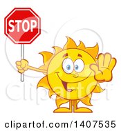 Poster, Art Print Of Yellow Summer Time Sun Character Mascot Gesturing And Holding A Stop Sign