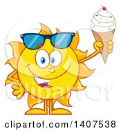 Yellow Summer Time Sun Character Mascot Holding A Waffle Ice Cream Cone