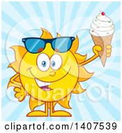 Poster, Art Print Of Yellow Summer Time Sun Character Mascot Holding A Waffle Ice Cream Cone Over Blue Rays