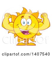 Poster, Art Print Of Yellow Summer Time Sun Character Mascot Flexing His Muscles