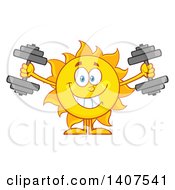Clipart Of A Yellow Summer Time Sun Character Mascot Working Out With Dumbbells Royalty Free Vector Illustration