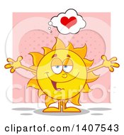 Poster, Art Print Of Yellow Loving Summer Time Sun Character Mascot With Open Arms On Pink