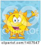 Poster, Art Print Of Yellow Summer Time Sun Character Mascot Waving On A Blue Bubble Background