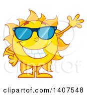 Poster, Art Print Of Yellow Summer Time Sun Character Mascot Wearing Sunglasses And Waving