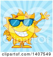 Poster, Art Print Of Yellow Summer Time Sun Character Mascot Wearing Sunglasses And Waving On A Blue Ray Background