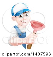 Poster, Art Print Of Young Brunette White Male Plumber Holding A Plunger Around A Sign