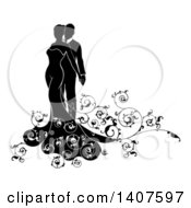 Poster, Art Print Of Black And White Silhouetted Posing Bride And Groom With Swirls