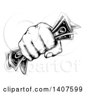 Clipart Of A Black And White Woodcut Or Engraved Revolutionary Fisted Hand Holding Cash Money Royalty Free Vector Illustration by AtStockIllustration