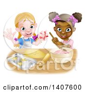 Cartoon Happy White And Black Girls Making Pink Frosting And Star Shaped Cookies