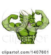 Cartoon Roaring Green Muscular Dragon Man Flexing From The Waist Up