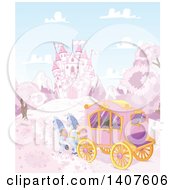 Poster, Art Print Of Horses Pulling A Carriage Near A Fairy Tale Castle In A Pink Land
