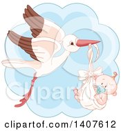 Poster, Art Print Of Happy Baby Boy In A Stork Bundle Over Blue