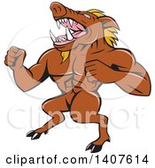 Poster, Art Print Of Cartoon Furious Muscular Boar Standing On His Hind Legs Roaring And Beating His Chest