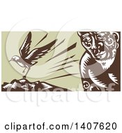 Poster, Art Print Of Retro Woodcut Of A God Tagaloa Looking At His Plover Bird Daughter Landing On A Treeless Island