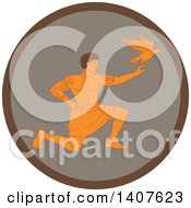 Poster, Art Print Of Retro Scene Of A Samoan God Tagaloa Kneeling And Releasing His Plover Bird Daughter In A Brown Circle
