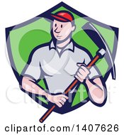 Retro Cartoon Male Construction Worker Holding A Pickaxe And Emerging From A Green And Blue Shield